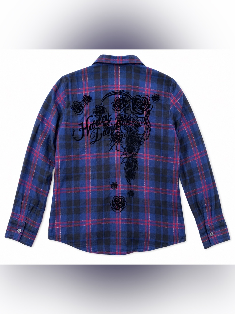 Harley Davidson Plaid Button Up Shirt Roses Biker Grunge Y2K Moto Medium